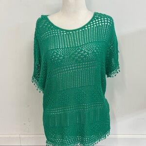Kelly Green Open Weave Pullover Sweater Pom-poms